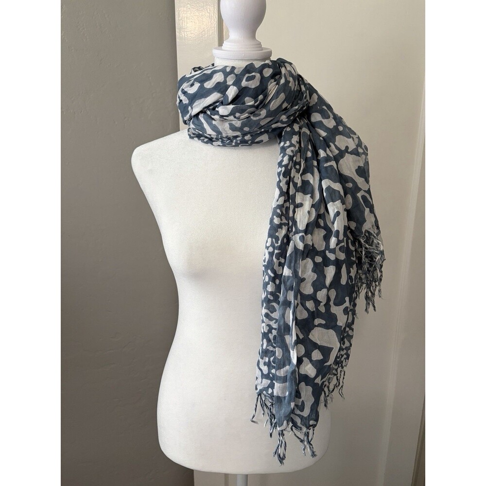 1.2.3 Paris Blue White Leopard Print Cotton Scarf Lightweight  Fringe Wrap Shawl